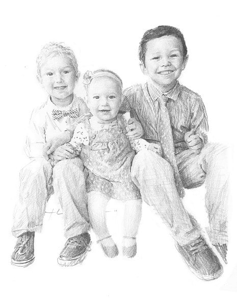 little brothers and baby sister pencil portrait from a photo by portrait artist Mike Theuer