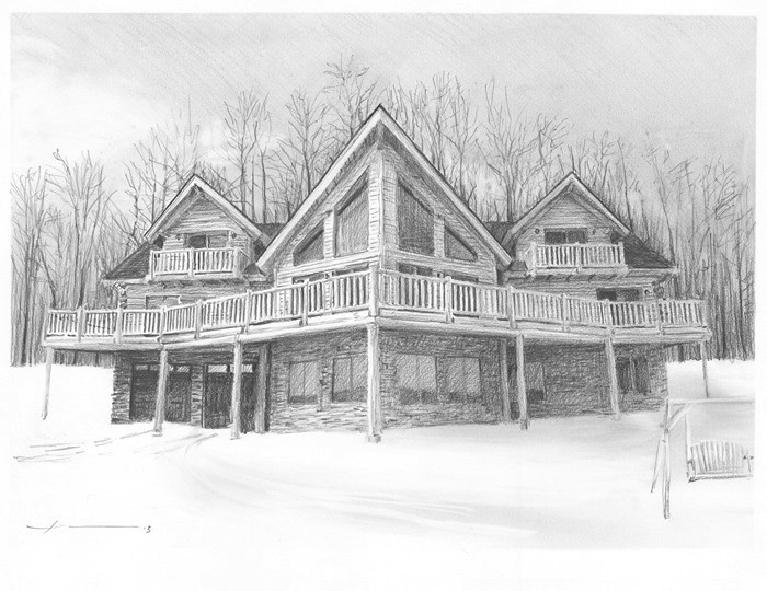 log home pencil portrait from a photo by portrait artist Mike Theuer