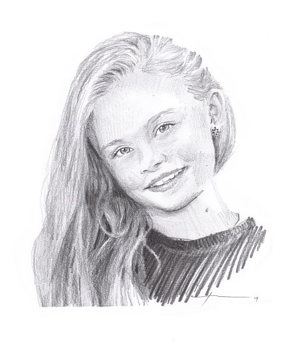 long blonde hair granddaughter tilting head pencil portrait from a photo by portrait artist Mike Theuer