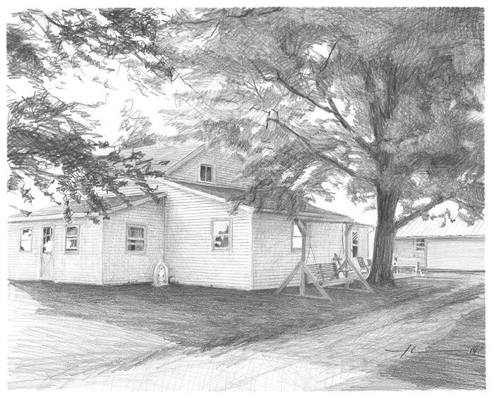 white farm house pencil drawing from a photo by portrait artist Mike Theuer