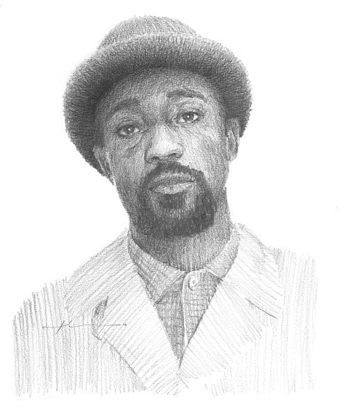 man in bowler hat white jacket pencil portrait from a photo by portrait artist Mike Theuer