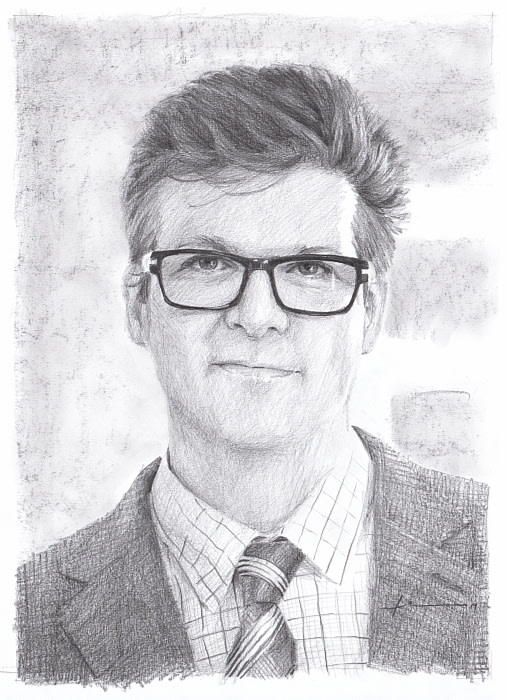 man tie glasses pencil portrait from a photo by portrait artist Mike Theuer
