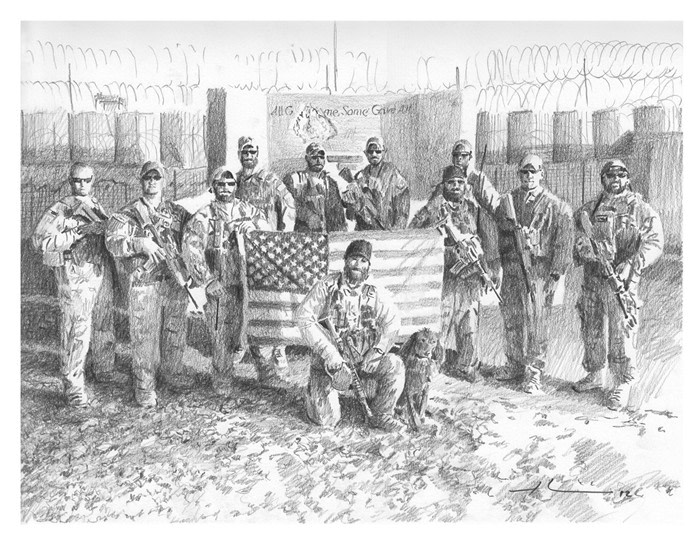 military team drawing from a photo by portrait artist Mike Theuer