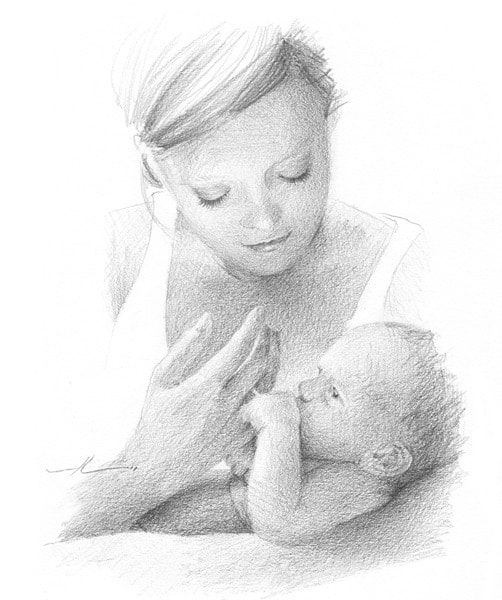 mom and baby pencil portrait from a photo by portrait artist Mike Theuer