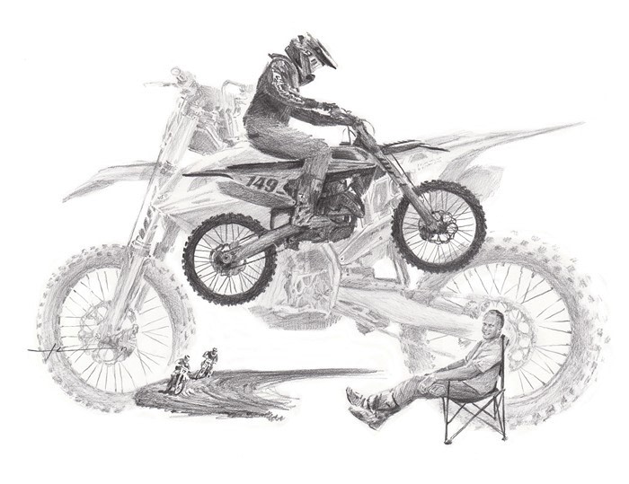 motocross husband pencil portrait collage from photos by portrait artist Mike Theuer