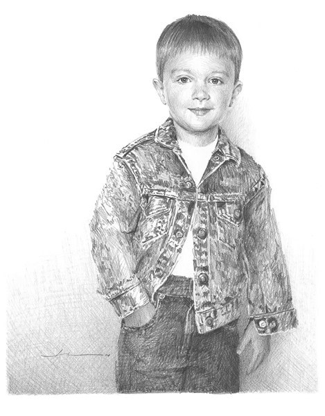 boy in blue jean jacket pencil portrait from a photo by portrait artist Mike Theuer