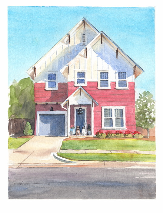 newlyweds house and dogs watercolor painting from a photo by portrait artist Mike Theuer