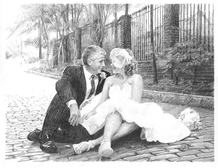 newlyweds on cobblestones pencil drawing from a photo by portrait artist Mike Theuer
