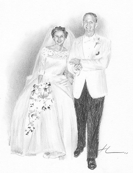 newlyweds pencil drawing from a photo by portrait artist Mike Theuer