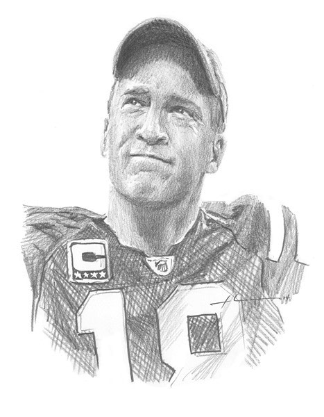 peyton manning colts farewell pencil portrait from a photo by portrait artist Mike Theuer