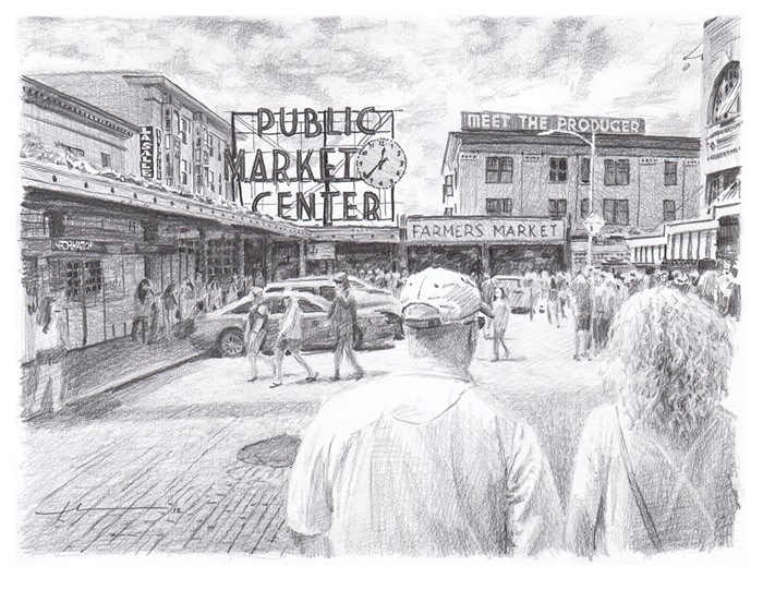 pike place market pencil portrait from a photo by portrait artist Mike Theuer