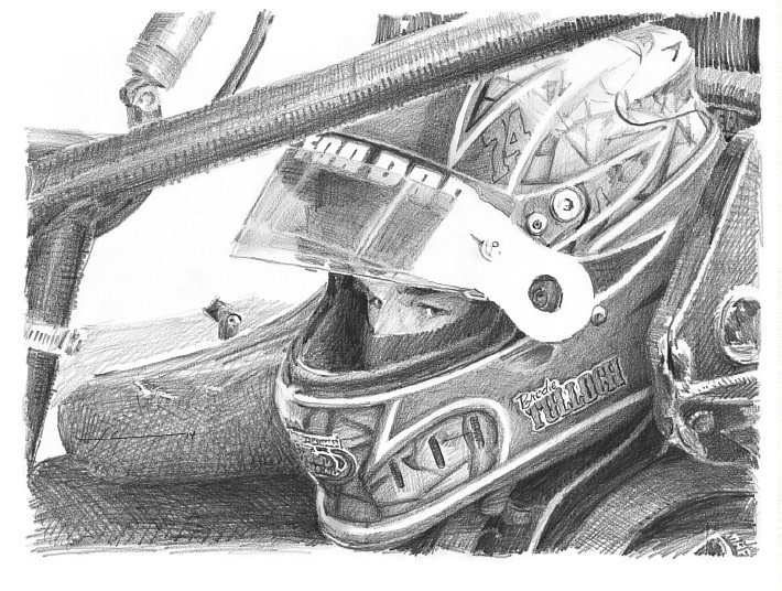 racecar driver pencil portrait from a photo by portrait artist Mike Theuer