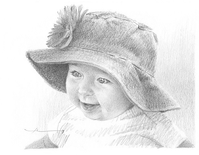 red hat baby pencil drawing from a photo by portrait artist Mike Theuer