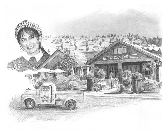 restaurant and owner drawing from a photo by portrait artist Mike Theuer