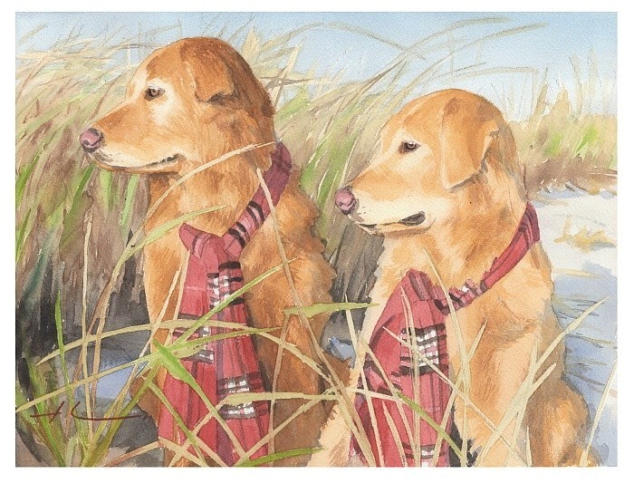 retrievers beach watercolor portrait from a photo by portrait artist Mike Theuer