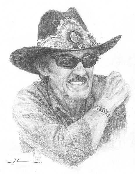 richard petty pencil portrait from a photo by portrait artist Mike Theuer