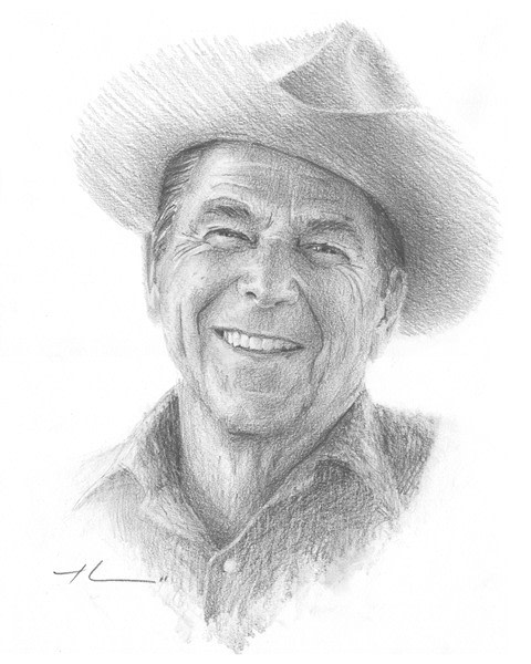 ronald reagan pencil portrait from a photo by portrait artist Mike Theuer