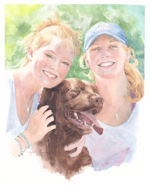 sisters & chocolate lab watercolor portrait from a photo by portrait artist Mike Theuer