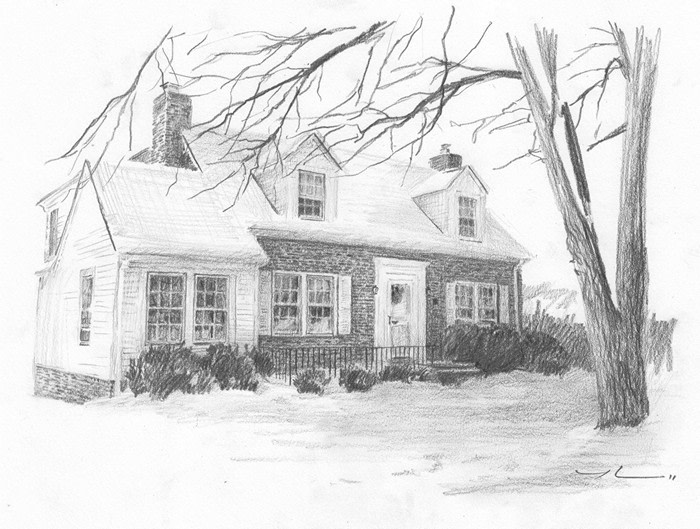 snowy brick house drawing from a photo by portrait artist Mike Theuer