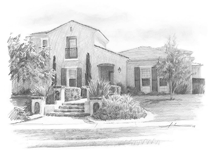 Spanish style home pencil portrait from a photo by portrait artist Mike Theuer
