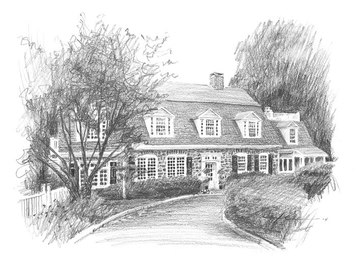 stone cottage pencil drawing from a photo by portrait artist Mike Theuer