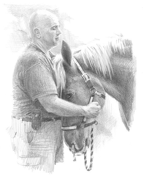 man and horse pencil portrait from a photo by portrait artist Mike Theuer