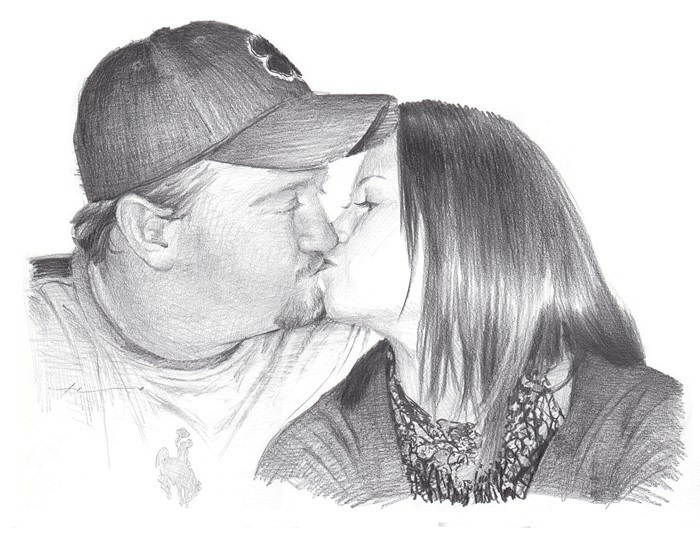 tenth anniversary kiss pencil portrait from a photo by portrait artist Mike Theuer