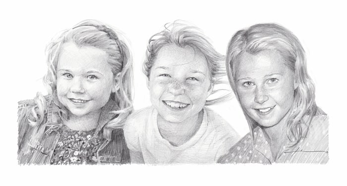 three young sisters pencil portrait from a photo by portrait artist Mike Theuer