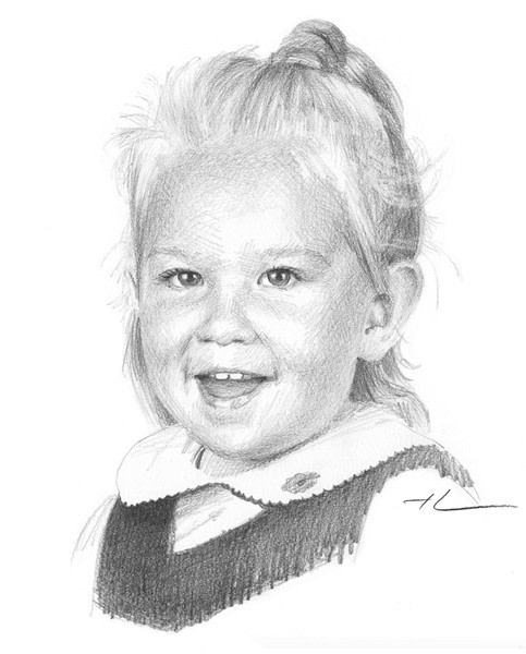 twin girl 1 pencil drawing from a photo by portrait artist Mike Theuer