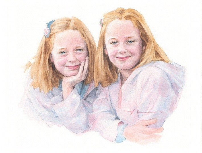 twin sisters watercolor portrait from a photo by portrait artist Mike Theuer