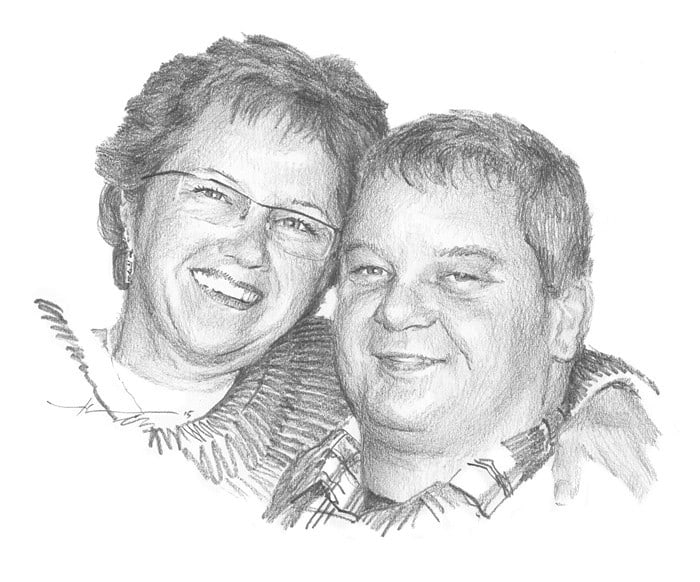 valentine couple pencil portrait from a photo by portrait artist Mike Theuer
