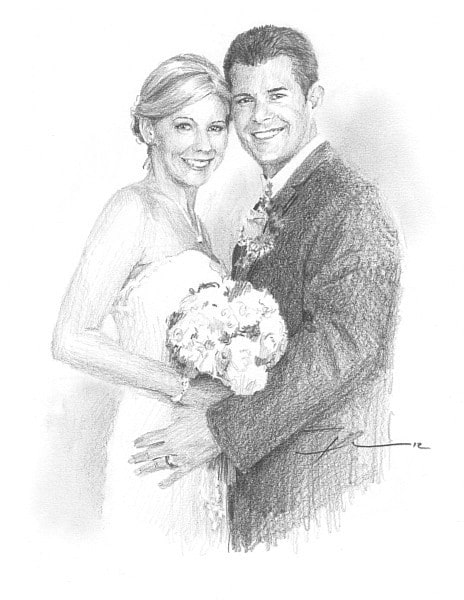 wedding couple drawing from a photo by portrait artist Mike Theuer