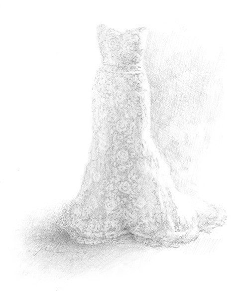 wedding dress drawing from a photo by portrait artist Mike Theuer
