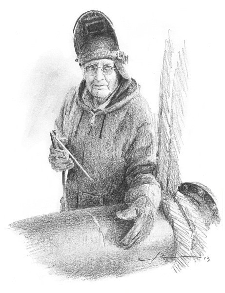 welder dad pencil portrait from a photo by portrait artist Mike Theuer