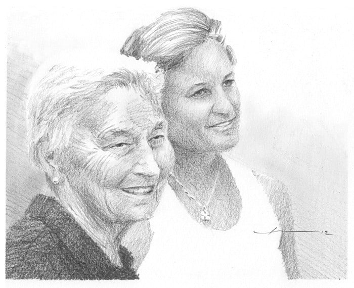 wife and mom drawing from a photo by portrait artist Mike Theuer