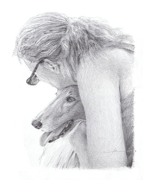 woman hugging collie pencil portrait from a photo by portrait artist Mike Theuer