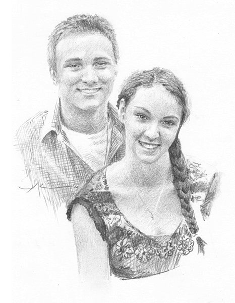 young couple pencil drawing from a photo by portrait artist Mike Theuer