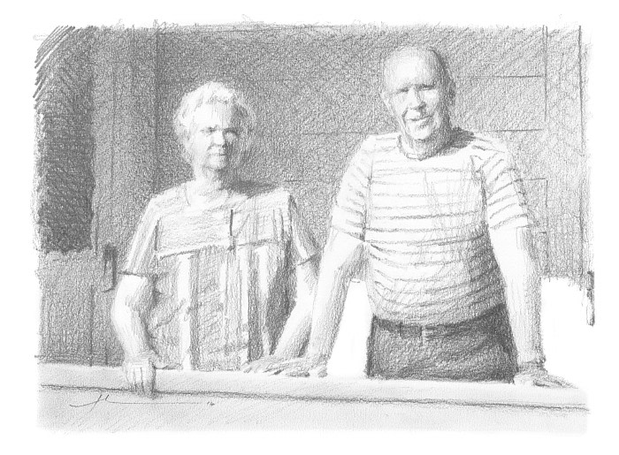Pencil family portrait from a photo of grandparents on their porch by portrait artist Mike Theuer
