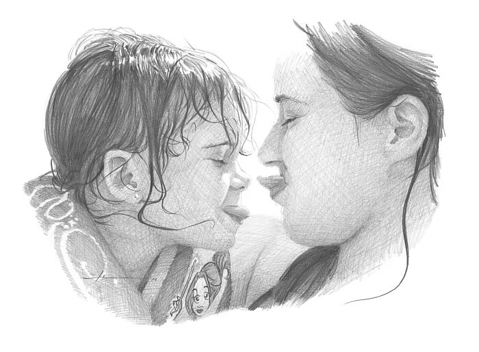 Pencil family portrait from a photo of mom and daughter at a pool by portrait artist Mike Theuer