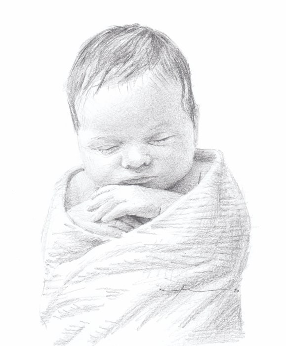 infant granddaughter pencil portrait from a photo by portrait artist Mike Theuer