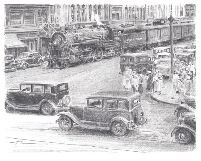ny central train in syracuse pencil portrait from a photo by portrait artist Mike Theuer
