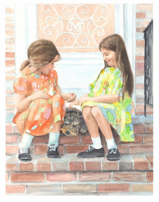 sisters and dog brick stoop watercolor portrait by portrait artist Mike Theuer