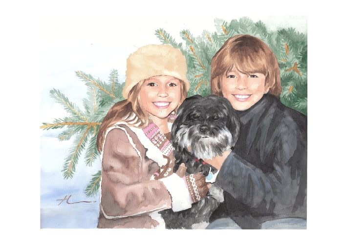 Watercolor family portrait from a photo of of bro, sis, and dog with christmas tree by portrait artist Mike Theuer