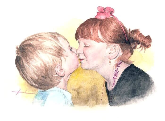 Watercolor family portrait from a photo of baby brother and sister giving a little kiss by portrait artist Mike Theuer