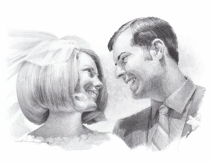 1960s newlyweds pencil portrait from a photo by portrait artist Mike Theuer