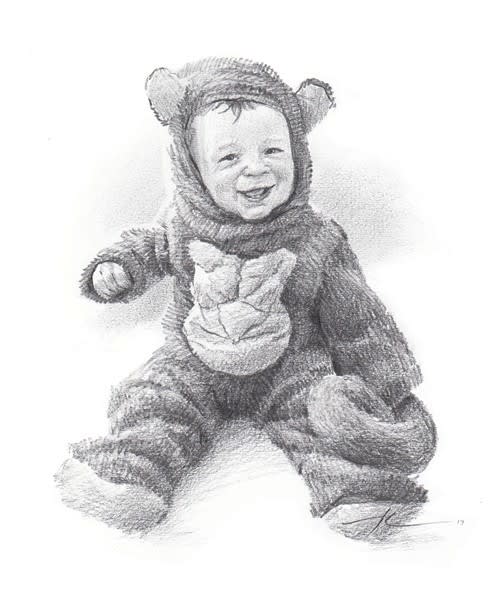 baby boy monkey costume pencil portrait from a photo by portrait artist Mike Theuer