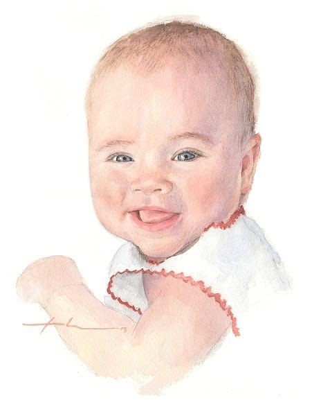 baby girl watercolor portrait from a photo by portrait artist Mike Theuer