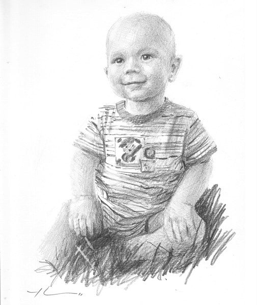 baby in grass pencil portrait by Mike Theuer