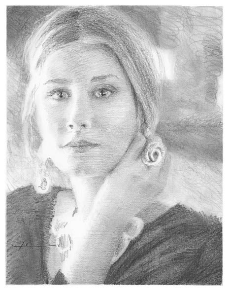 blonde woman holding hair back pencil portrait mike theuer