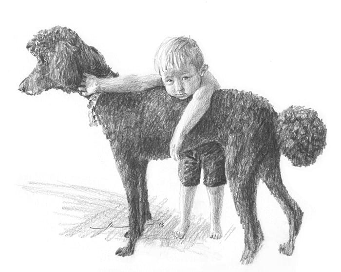 boy and dog pencil drawing from a photo by portrait artist Mike Theuer